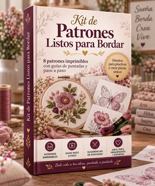 Kit de Patrones Listos para Bordar: accede a 8 patrones imprimibles, con sugerencias de puntadas y una progresión paso a paso para practicar, mejorar tu técnica y crear bordados hermosos con mayor facilidad.